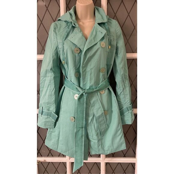 Tahari Womens Mint Green TRENCH RainCoat Tie Belt Button Lightweight - Picture 2 of 10